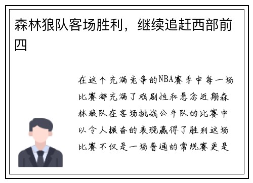 森林狼队客场胜利，继续追赶西部前四